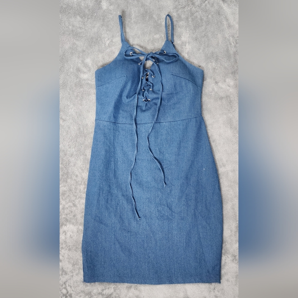 Limerence Co Womens Size Small Spaghetti Strap Mini Dress Blue Jean Denim Cotton